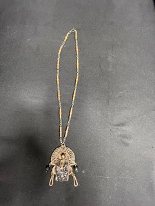 VTG Mid Century Mexican Artisan Mixed Metal Pendant Necklace of a Tribal Warrier w Black Onyx Face