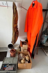 Sprinklers in Orig Pkg, Walls Blizzard-Pruf Coveralls, Tools, Pottery & Fishing Gear Mixed Lot