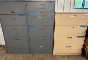 Gray and Tan Steel Filing Cabinets (Lot of 3) - contents NOT included & no keys