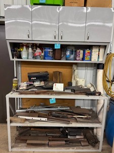 Metal Shelf With Assorted Steel Scrap Mixed Lot - cabinet contents and upper shelf contents NOT included
