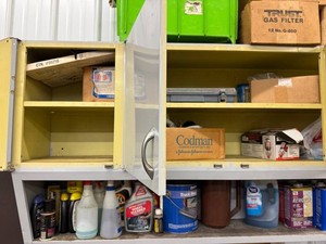 Mixed Lot Cabinet Assortment of Auto Care, Cleaners & Hardware - qty contents not verified - cabinet not inc