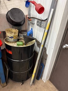Industrial Steel Drum With Funnel & Assorted Shop Items Mixed Lot