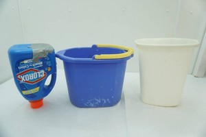 Mop Bucket, Waste basket, Clorox Bleach for Colors (34 full, hole in bottom of container)