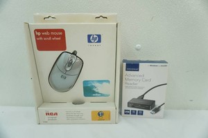 New (unopened) hp web mouse with scroll wheel Insignia Advanced Memory Card Reader