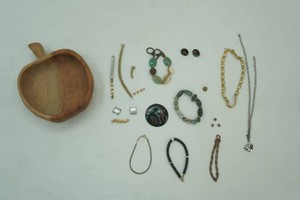 wood apple bowl, bracelets, earrings