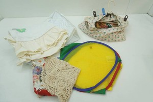 vintage clothespin bag with clothes pins, casserole cover, collapsable hamper
