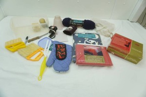 household gadgets, vintage wall brush, yarn, table clothes, blind cleaners, knife and more