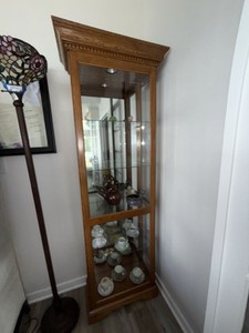 Oak Corner Curio Display Cabinet with Glass Shelves Lighted Top