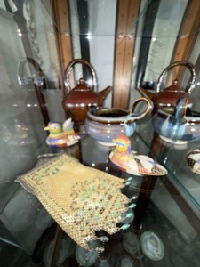 Box Lot of Vintage Decorative Pottery, Enamel Birds & Mesh Purse