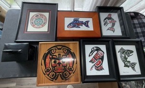 Northwest Coast Style Framed Art & Carved Wood Box Decor Lot