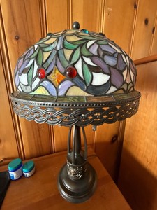 Tiffany Style Stained Glass Table Lamp Floral Jeweled Shade 22in - Matching Lamp in Lot 134