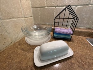 Norwex Dish Cloths with Holder, Threshold Porcelain Butter Dish & Glass Nesting Bowls with Lids