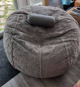 Lovesac Oversized Sac Bean Bag Chair w Bolster Pillow with Reversible Gray Cover High-Pile and Gray Textured Faux Leather