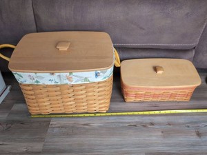 Longaberger Basket Set w Wood Lids Protectors Floral Liner Vanity