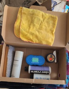 Box Lot of Assorted Shoe Care Cleaners Brushes Cloth & Polish Tin