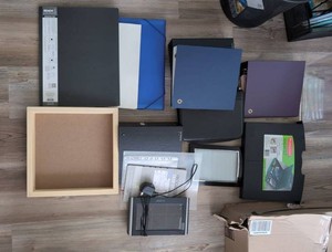 Box Lot of Office Organizers including Leather Franklin Planner Cover, Frame, Storage Binders and Accessories