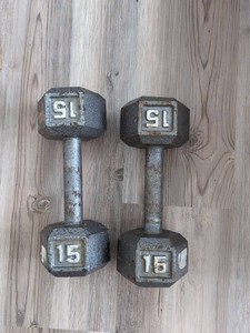 Pair of 15 lb Cast Iron Hex Dumbbells Silver Gray Vintage Style