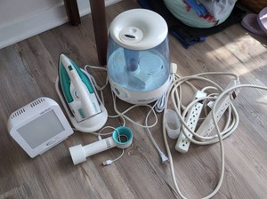 Box Lot of Small Household Appliances Verilux Oreck Vicks Fan