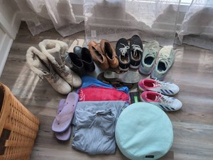 Box Lot of Womens Shoes,, Boots Sandals, Hoodie, and Meditation Cushion