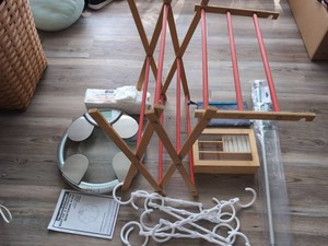 Box Lot of Household Items Health o meter Scale Drying Rack Curtain Rod