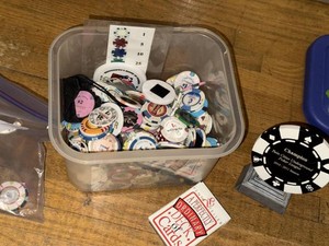 Assorted Casino Poker Chip Lot with Trophy Cards & Accessories