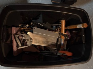 Box Lot of Assorted Hand Tools Hardware Clamps & Saw