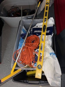 Box Lot of Assorted Hand Tools Hardware Stanley Level Extension Cord