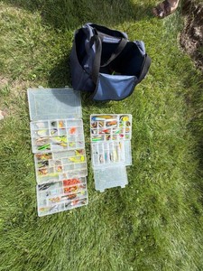 Assorted Fishing Lures Tackle Lot w Utility Boxes & Soft Tackle Bag
