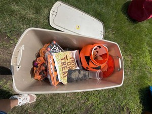 Box Lot of Assorted Halloween Decorations with Storage Tote