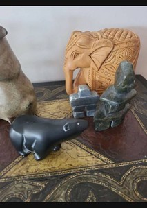 Lot of Carved Wood Elephant Stone Inukshuk Bear Figurines Decor