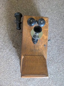 Antique Wall Mount Telephone Oak Box Crank Bell