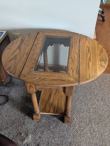 Oak Drop-Leaf Table With Glass Center Insert