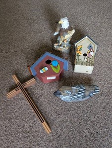 Birdhouse Decor, Eagle Figurine, Duck Decoy & Wooden Cross Mixed Lot