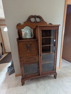Antique Oak Secretary Cabinet With Mirror and Glass Door
