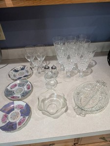 Mixed Lot Crystal Stemware, Porcelain Plates & Glass Serving Pieces