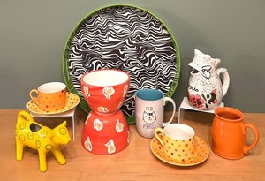 DR - Colorful Ceramic Serveware Mixed Lot - Privet House Tray, Eddie Bauer, Mug Set & Decor
