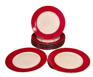 LR - Dinner Plates - Crate & Barrel Red Rim Gold Trim Set of 8