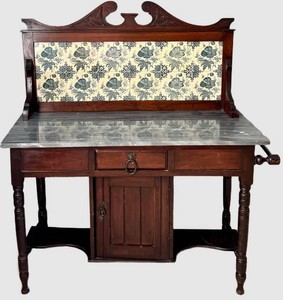 BR1 - Antique Victoria or Edwardian English Washstand With Marble Top and Tile Backsplash