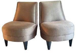LR - Slipper Chairs - Hollywood Regency Pair Beige Upholstered Fabric