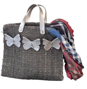 BR1 - Butterfly Accented Silver Tone Tote Bag with Infinity Scarf