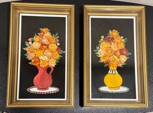 LLFR - Vintage Dried Straw Flower Shadow Box Art Pair in Gold Frames
