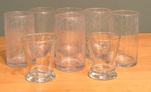 LR - Pair of La Rochre Napoleon Bee Tumblers, Six Bubble Glass Hand Blown Tumblers and Two Novelty Kitchen Towels