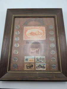 Vintage the Trailblazers Buffalo Nickel & Stamp Framed Display