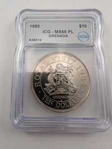 Grenada 1985 $10 Royal Visit ICG MS68 PL Silver Coin