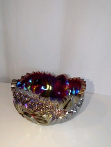 Vintage L.E. Smith carnival glass bowl in the Comet in the Stars pattern with a ruby red finish