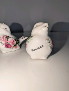 Vintage Montana bone china salt and pepper shakers made in England, floral pattern and gold accents