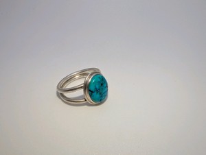 Sterling Silver 925 Natural Turquoise Stone Double Band Ring, Size 6.5