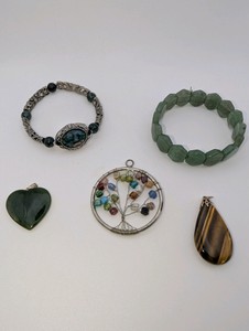 Natural Stone Bracelet and Pendant Lot- Green Aventurine, Tigers Eye, Abalone, Green Jasper, Green Jade