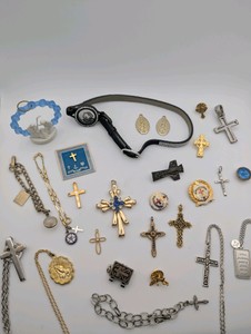 Vintage lot of assorted religious jewelry items-Some Sterling, Gold Plated