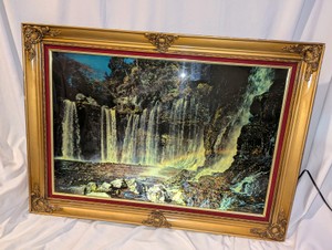 Vintage large waterfall illuminated motion art piece set in an ornate gold frame, Working condition 3x2